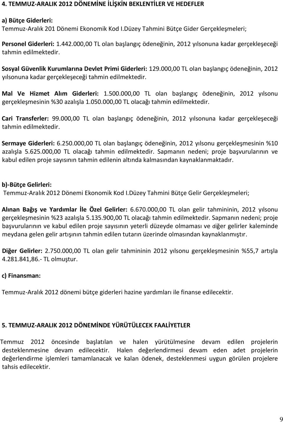 000,00 TL olan başlangıç ödeneğinin, 2012 yılsonuna kadar gerçekleşeceği tahmin edilmektedir. Mal Ve Hizmet Alım Giderleri: 1.500.