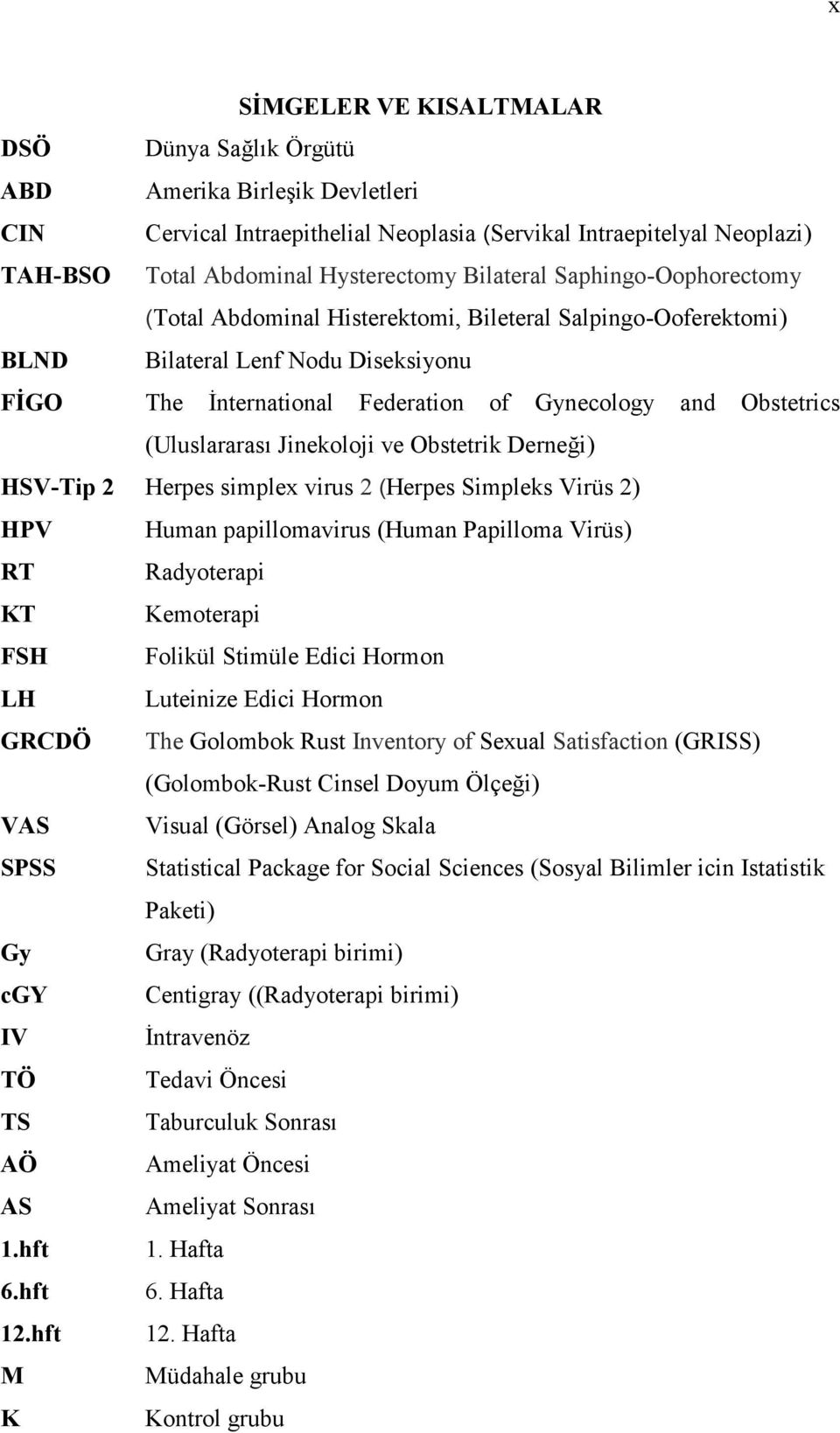 (Uluslararası Jinekoloji ve Obstetrik Derneği) HSV-Tip 2 Herpes simplex virus 2 (Herpes Simpleks Virüs 2) HPV Human papillomavirus (Human Papilloma Virüs) RT Radyoterapi KT Kemoterapi FSH Folikül