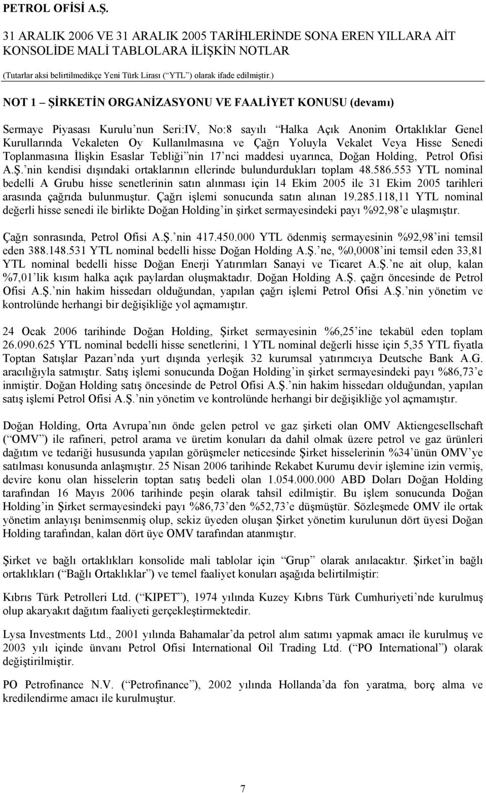 553 YTL nominal bedelli A Grubu hisse senetlerinin satın alınması için 14 Ekim 2005 ile 31 Ekim 2005 tarihleri arasında çağrıda bulunmuştur. Çağrı işlemi sonucunda satın alınan 19.285.