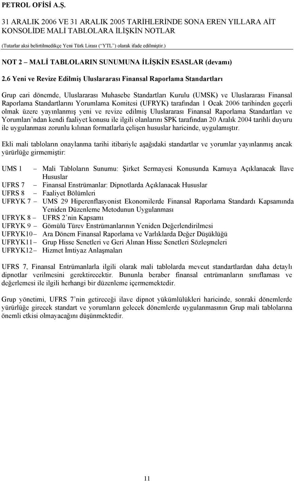 Komitesi (UFRYK) tarafından 1 Ocak 2006 tarihinden geçerli olmak üzere yayınlanmış yeni ve revize edilmiş Uluslararası Finansal Raporlama Standartları ve Yorumları ndan kendi faaliyet konusu ile