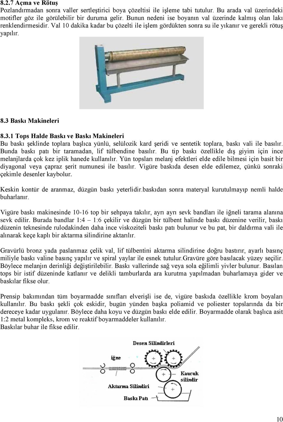 Baskı Makineleri 8.3.1 Tops Halde Baskı ve Baskı Makineleri Bu baskı şeklinde toplara başlıca yünlü, selülozik kard şeridi ve sentetik toplara, baskı vali ile basılır.