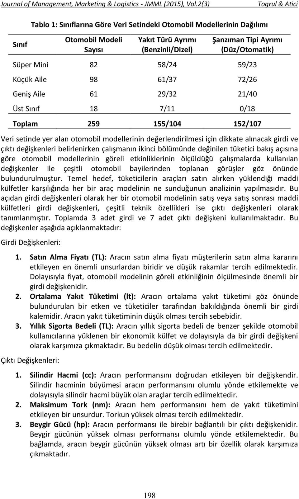 çıktı değişkenleri belirlenirken çalışmanın ikinci bölümünde değinilen tüketici bakış açısına göre otomobil modellerinin göreli etkinliklerinin ölçüldüğü çalışmalarda kullanılan değişkenler ile