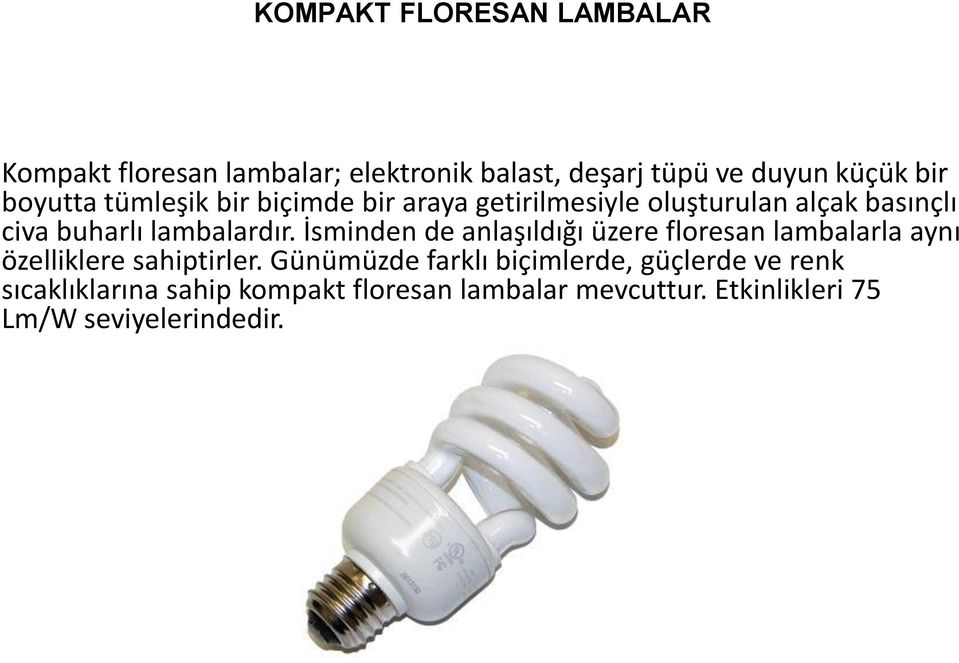 İsminden de anlaşıldığı üzere floresan lambalarla aynı özelliklere sahiptirler.