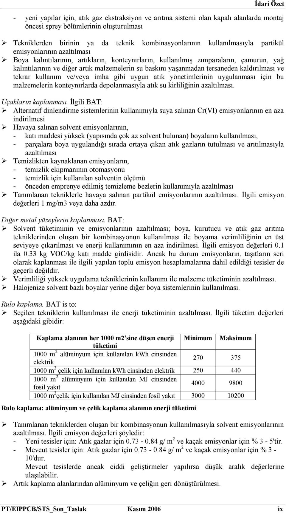 kaldırılması ve tekrar kullanım ve/veya imha gibi uygun atık yönetimlerinin uygulanması için bu malzemelerin konteynırlarda depolanmasıyla atık su kirliliğinin azaltılması. Uçakların kaplanması.