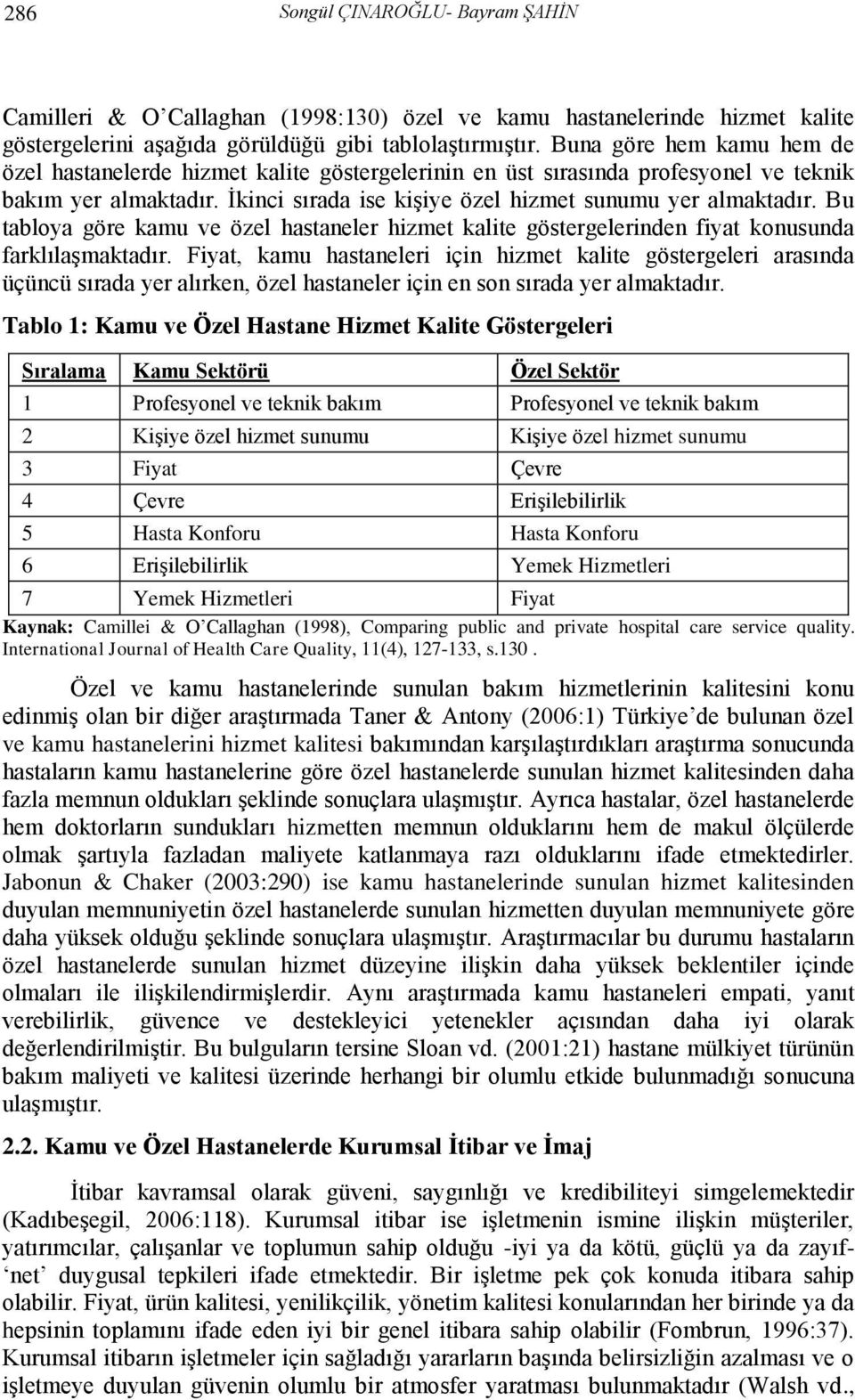 Bu tabloya göre kamu ve özel hastaneler hizmet kalite göstergelerinden fiyat konusunda farklılaşmaktadır.