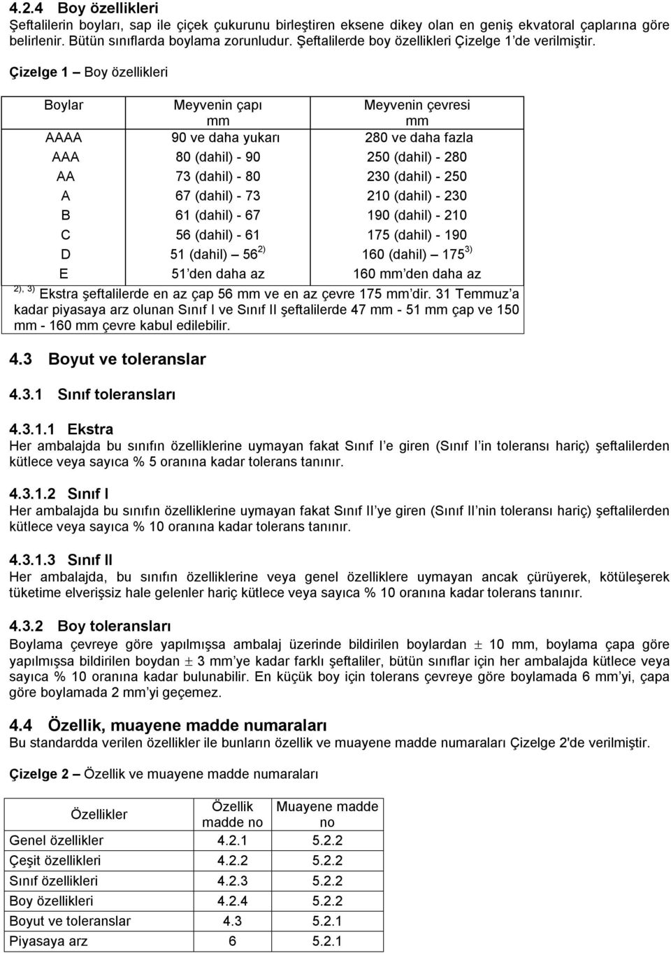 Çizelge 1 Boy özellikleri Boylar Meyvenin çapı Meyvenin çevresi mm mm AAAA 90 ve daha yukarı 280 ve daha fazla AAA 80 (dahil) - 90 250 (dahil) - 280 AA 73 (dahil) - 80 230 (dahil) - 250 A 67 (dahil)