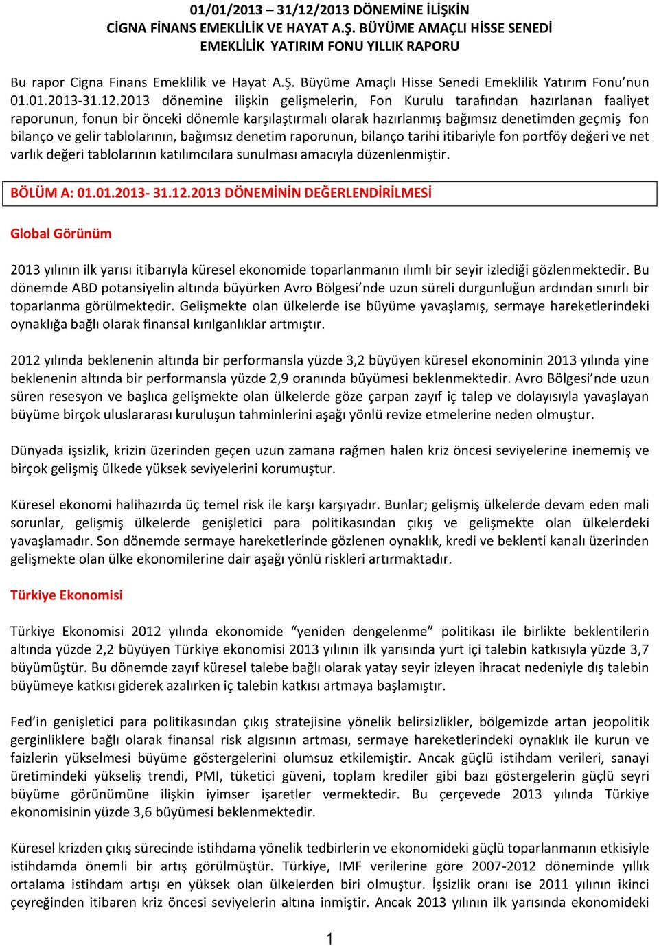 2013 dönemine ilişkin gelişmelerin, Fon Kurulu tarafından hazırlanan faaliyet raporunun, fonun bir önceki dönemle karşılaştırmalı olarak hazırlanmış bağımsız denetimden geçmiş fon bilanço ve gelir