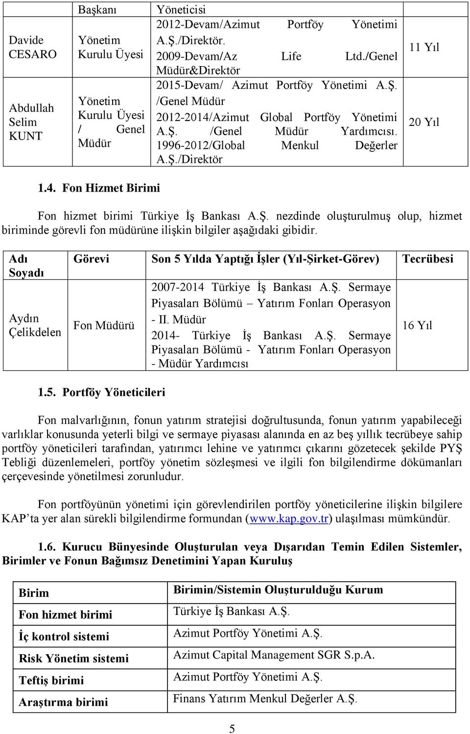 4. Fon Hizmet Birimi Fon hizmet birimi Türkiye İş Bankası A.Ş. nezdinde oluşturulmuş olup, hizmet biriminde görevli fon müdürüne ilişkin bilgiler aşağıdaki gibidir.