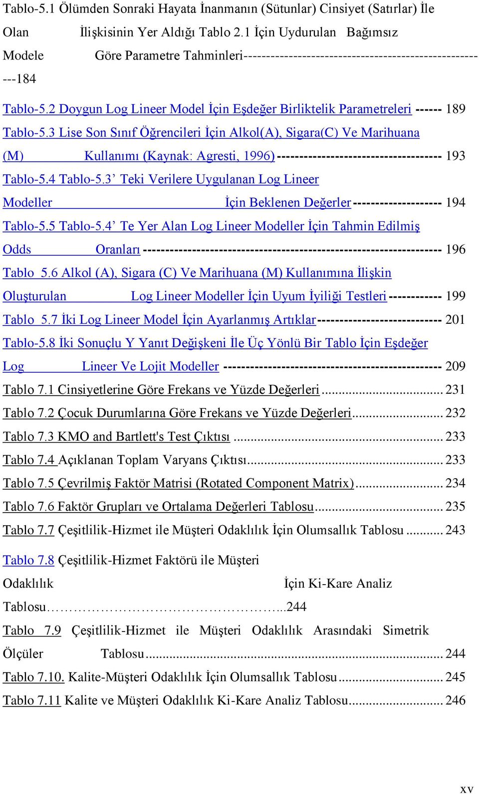 2 Doygun Log Lineer Model İçin Eşdeğer Birliktelik Parametreleri ------ 189 Tablo-5.