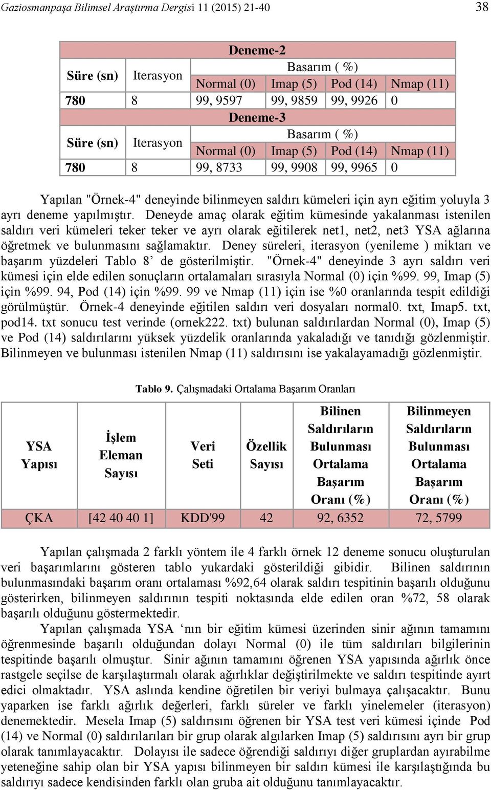 Deneyde amaç olarak eğitim kümesinde yakalanması istenilen saldırı veri kümeleri teker teker ve ayrı olarak eğitilerek net1, net2, net3 YSA ağlarına öğretmek ve bulunmasını sağlamaktır.