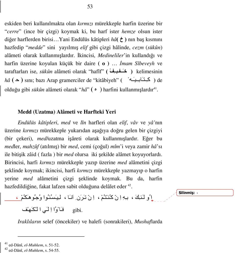 İkincisi, Medineliler in kullandığı ve harfin üzerine koyulan küçük bir daire ( o ) İmam Sîbeveyh ve taraftarları ise, sükûn alâmeti olarak hafîf ( خ في ف ) kelimesinin hâ ( ح ) sını; bazı Arap