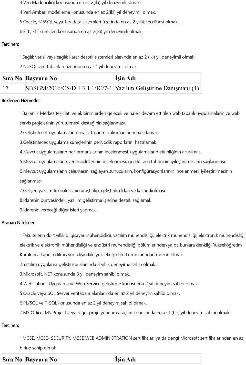 Sağlık verisi veya sağlık karar destek sistemleri alanında en az 2 (iki) yıl deneyimli olmak. 2.NoSQL veri tabanları üzerinde en az 1 yıl deneyimli olmak. 17 SBSGM/2016/CS/D.1.3.1.1/IC/7-1 Yazılım Geliştirme Danışmanı (1) 1.