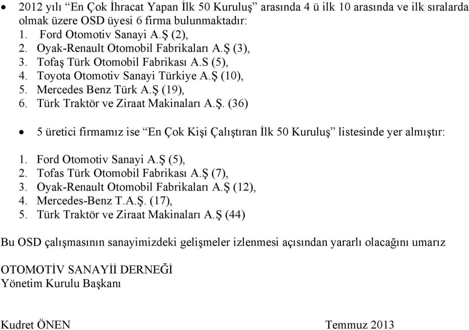 Ş. (36) 5 üretici firmamız ise En Çok Kişi Çalıştıran İlk 50 Kuruluş listesinde yer almıştır: 1. Ford Otomotiv Sanayi A.Ş (5), 2. Tofas Türk Otomobil Fabrikası A.Ş (7), 3.