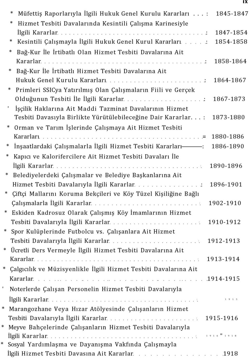 Olan Hizmet Tesbiti Davalarına Ait Kararlar : 1858-1864 * Bağ-Kur İle İrtibatlı Hizmet Tesbiti Davalarına Ait Hukuk Genel Kurulu Kararları : 1864-1867 * Primleri SSICya Yatırılmış Olan Çalışmaların