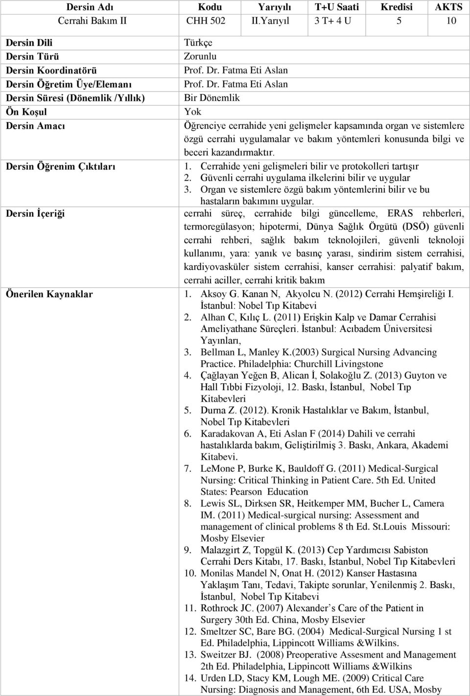 Fatma Eti Aslan Dersin Süresi (Dönemlik /Yıllık) Bir Dönemlik Öğrenciye cerrahide yeni gelişmeler kapsamında organ ve sistemlere özgü cerrahi uygulamalar ve bakım yöntemleri konusunda bilgi ve beceri