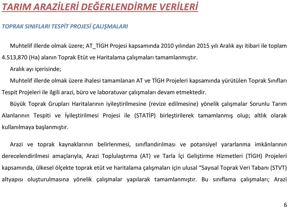 Aralık ayı içerisinde; Muhtelif illerde olmak üzere ihalesi tamamlanan AT ve TİGH Projeleri kapsamında yürütülen Toprak Sınıfları Tespit Projeleri ile ilgili arazi, büro ve laboratuvar çalışmaları