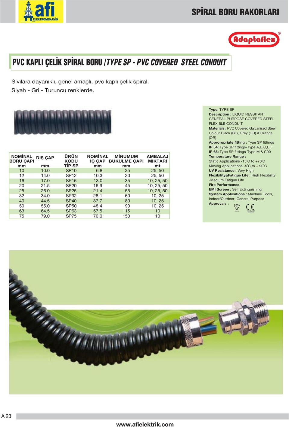 0 M NUMUM BÜKÜLME ÇAPI 30 35 45 55 60 80 90 5 1 AMBALAJ M KTARI mt,,,,,,,,,,, Type: TYPE SP Description : LIQUID RESSITANT GENERAL PURPOSE OVERED STEEL LEXIBLE ONDUIT Materials : PV overed Galvanised