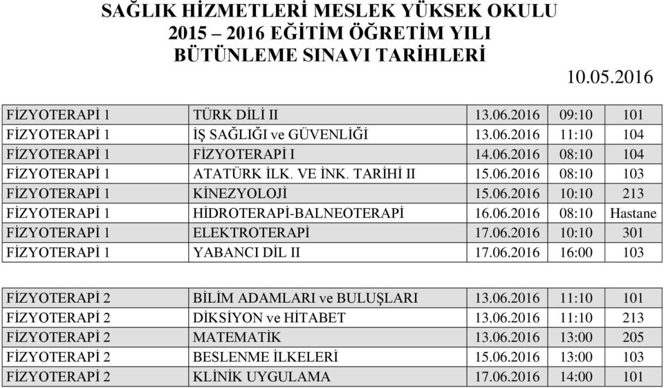 06.2016 10:10 301 FİZYOTERAPİ 1 YABANCI DİL II 17.06.2016 16:00 103 FİZYOTERAPİ 2 BİLİM ADAMLARI ve BULUŞLARI 13.06.2016 11:10 101 FİZYOTERAPİ 2 DİKSİYON ve HİTABET 13.06.2016 11:10 213 FİZYOTERAPİ 2 MATEMATİK 13.