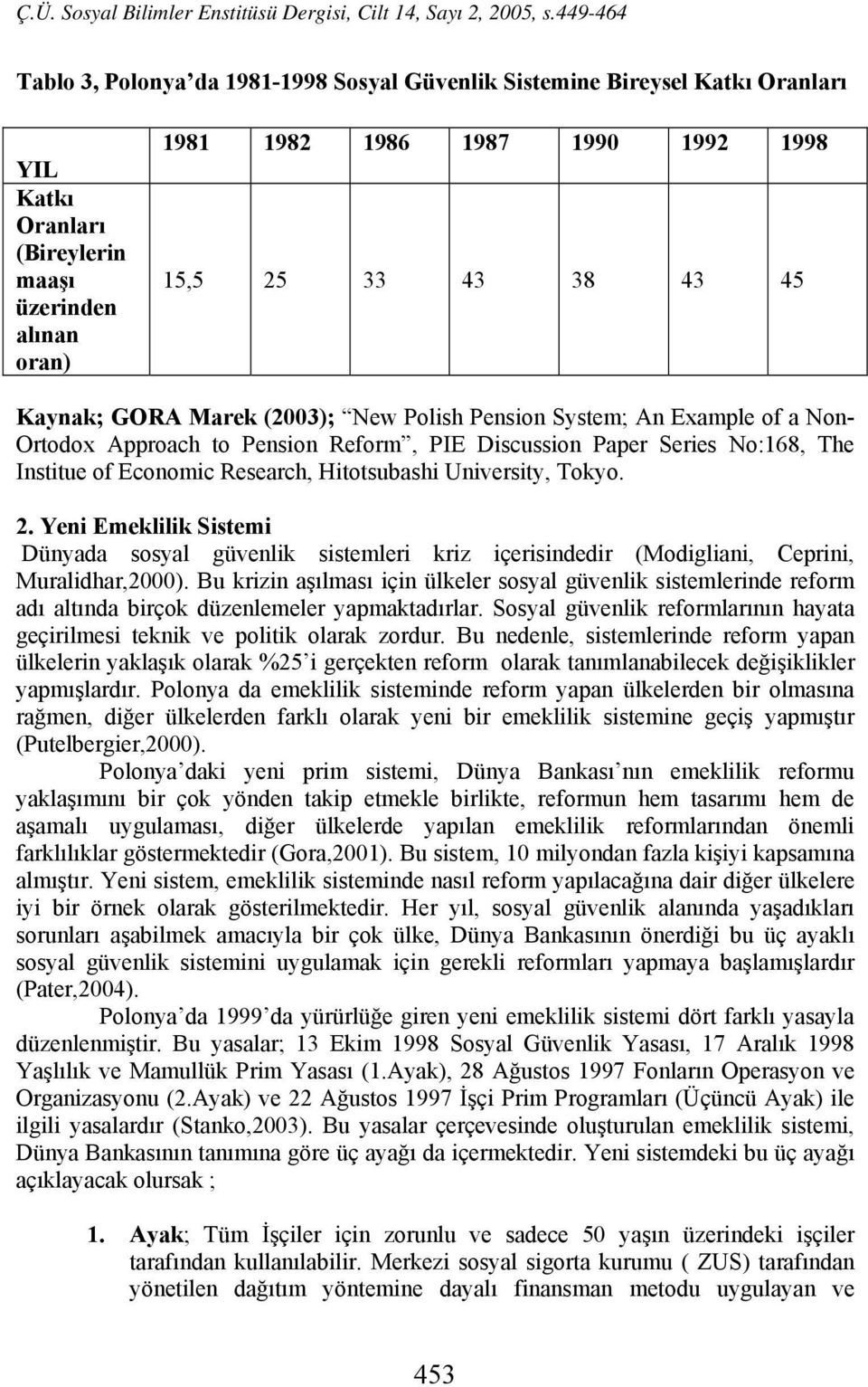 University, Tokyo. 2. Yeni Emeklilik Sistemi Dünyada sosyal güvenlik sistemleri kriz içerisindedir (Modigliani, Ceprini, Muralidhar,2000).