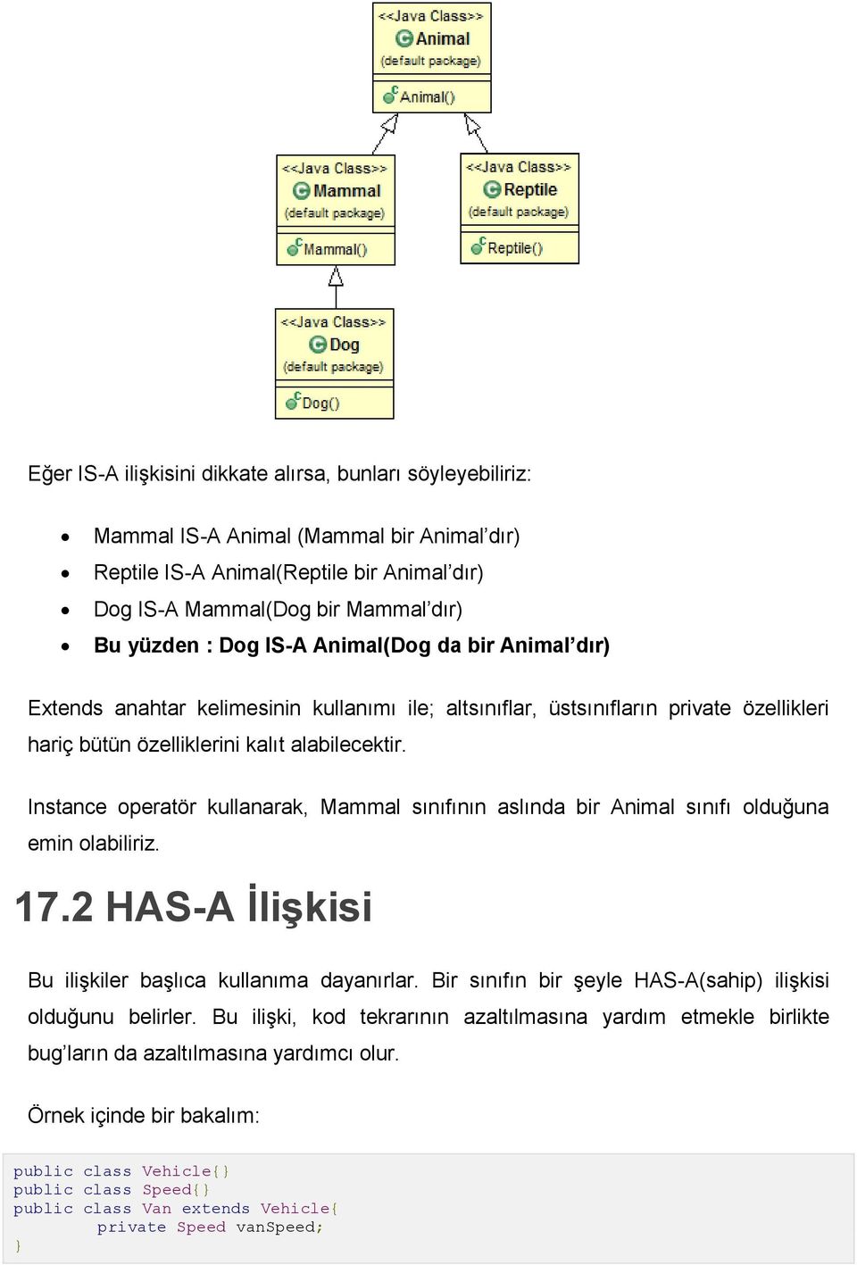 Instance operatör kullanarak, Mammal sınıfının aslında bir Animal sınıfı olduğuna emin olabiliriz. 17.2 HAS-A İlişkisi Bu ilişkiler başlıca kullanıma dayanırlar.