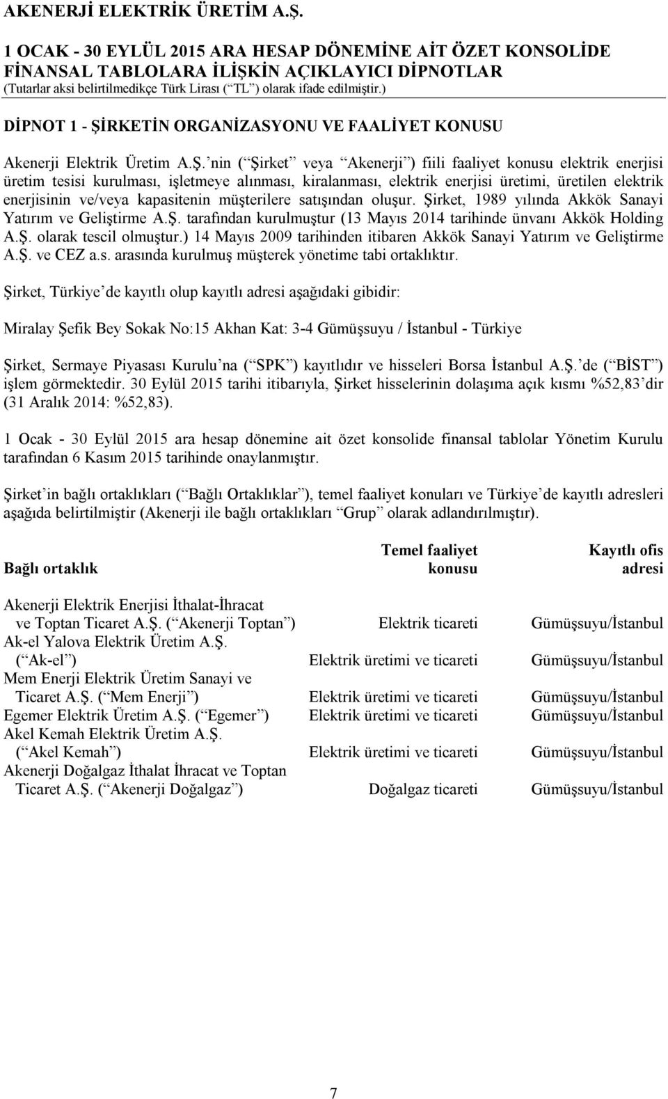 nin ( Şirket veya Akenerji ) fiili faaliyet konusu elektrik enerjisi üretim tesisi kurulması, işletmeye alınması, kiralanması, elektrik enerjisi üretimi, üretilen elektrik enerjisinin ve/veya