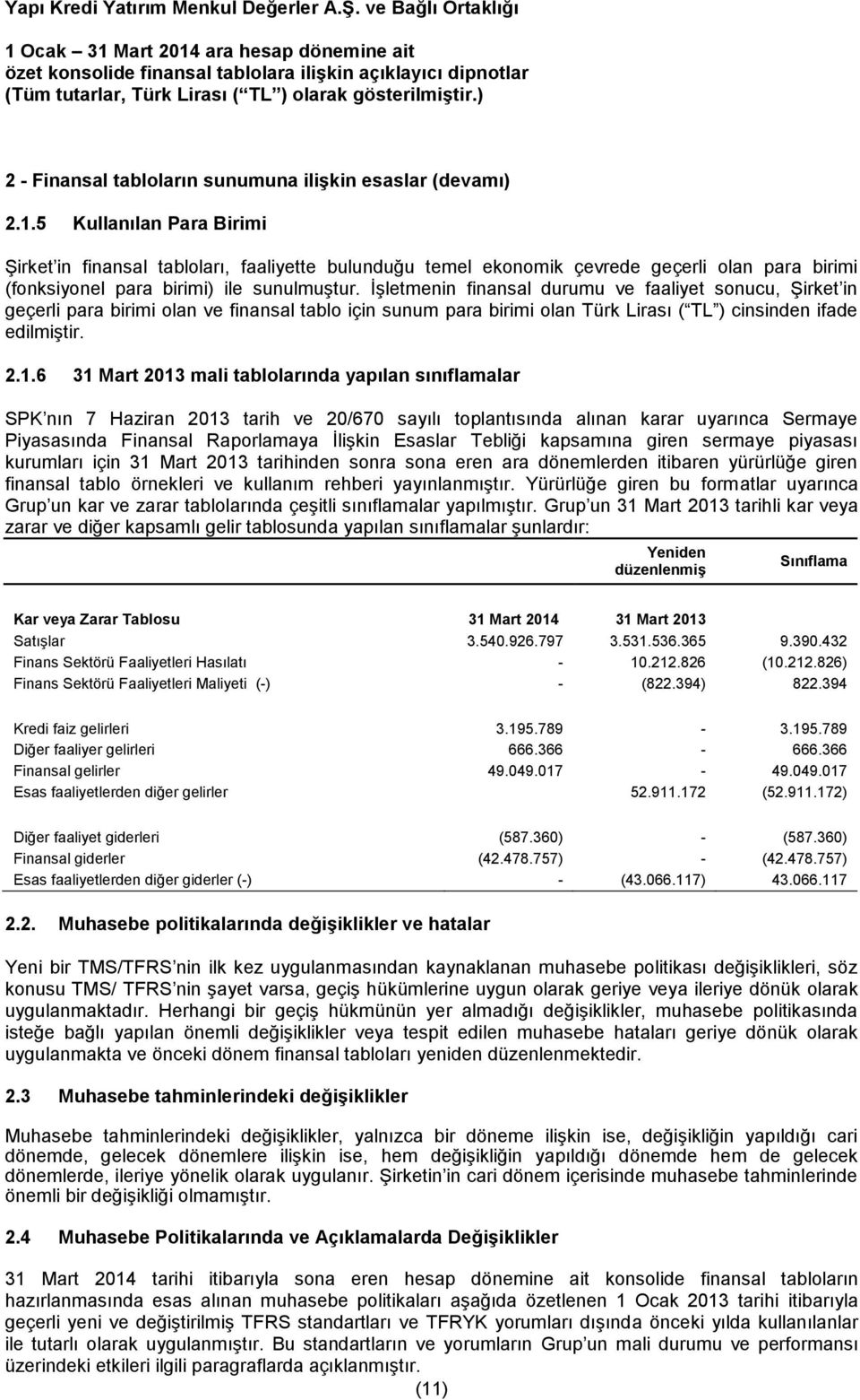 İşletmenin finansal durumu ve faaliyet sonucu, Şirket in geçerli para birimi olan ve finansal tablo için sunum para birimi olan Türk Lirası ( TL ) cinsinden ifade edilmiştir. 2.1.