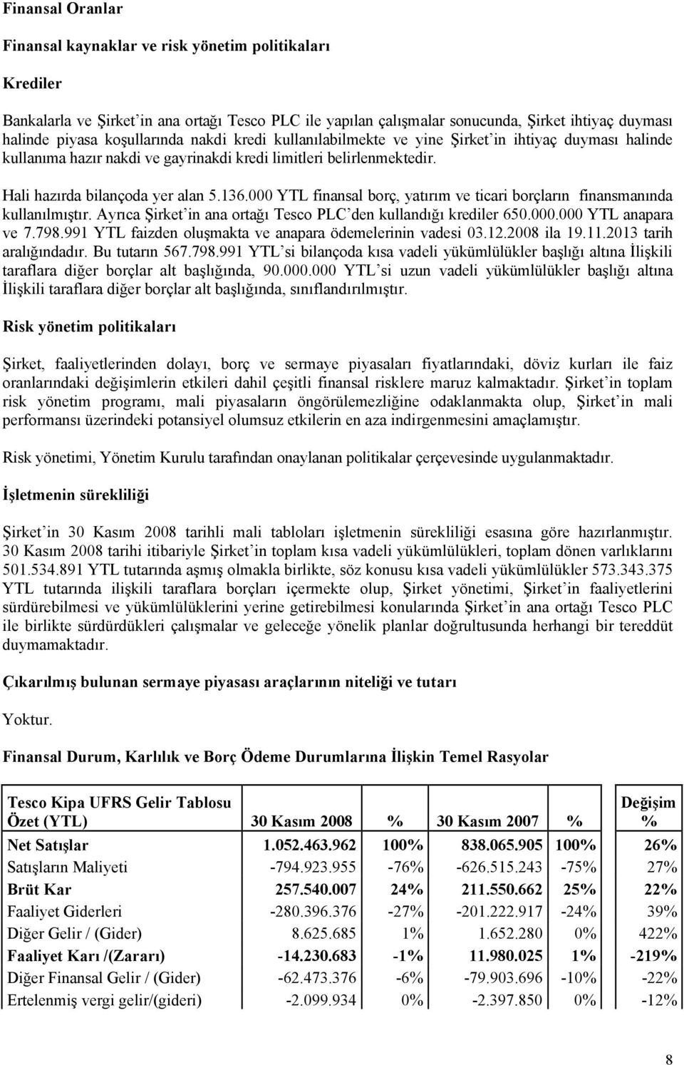 000 YTL finansal borç, yatırım ve ticari borçların finansmanında kullanılmıştır. Ayrıca Şirket in ana ortağı Tesco PLC den kullandığı krediler 650.000.000 YTL anapara ve 7.798.