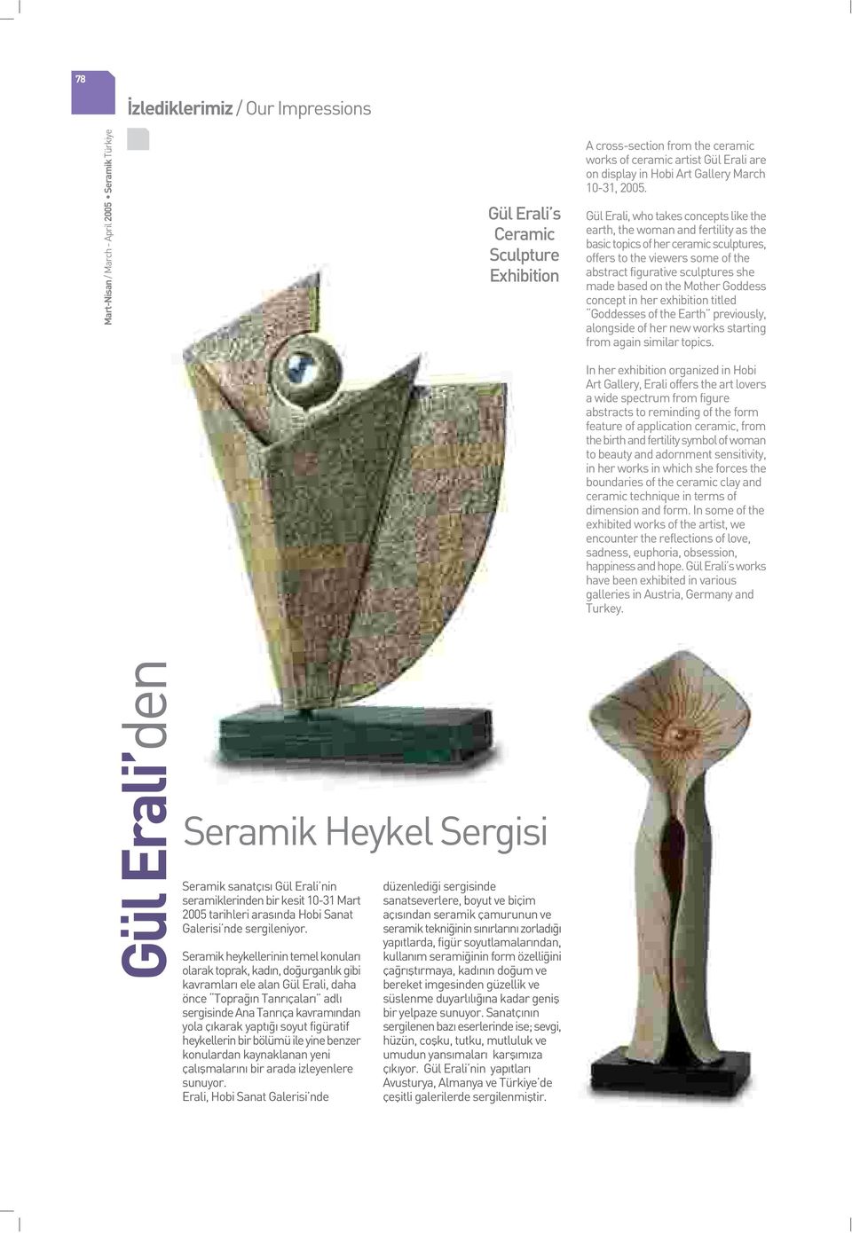 Gül Erali, who takes concepts like the earth, the woman and fertility as the basic topics of her ceramic sculptures, offers to the viewers some of the abstract figurative sculptures she made based on