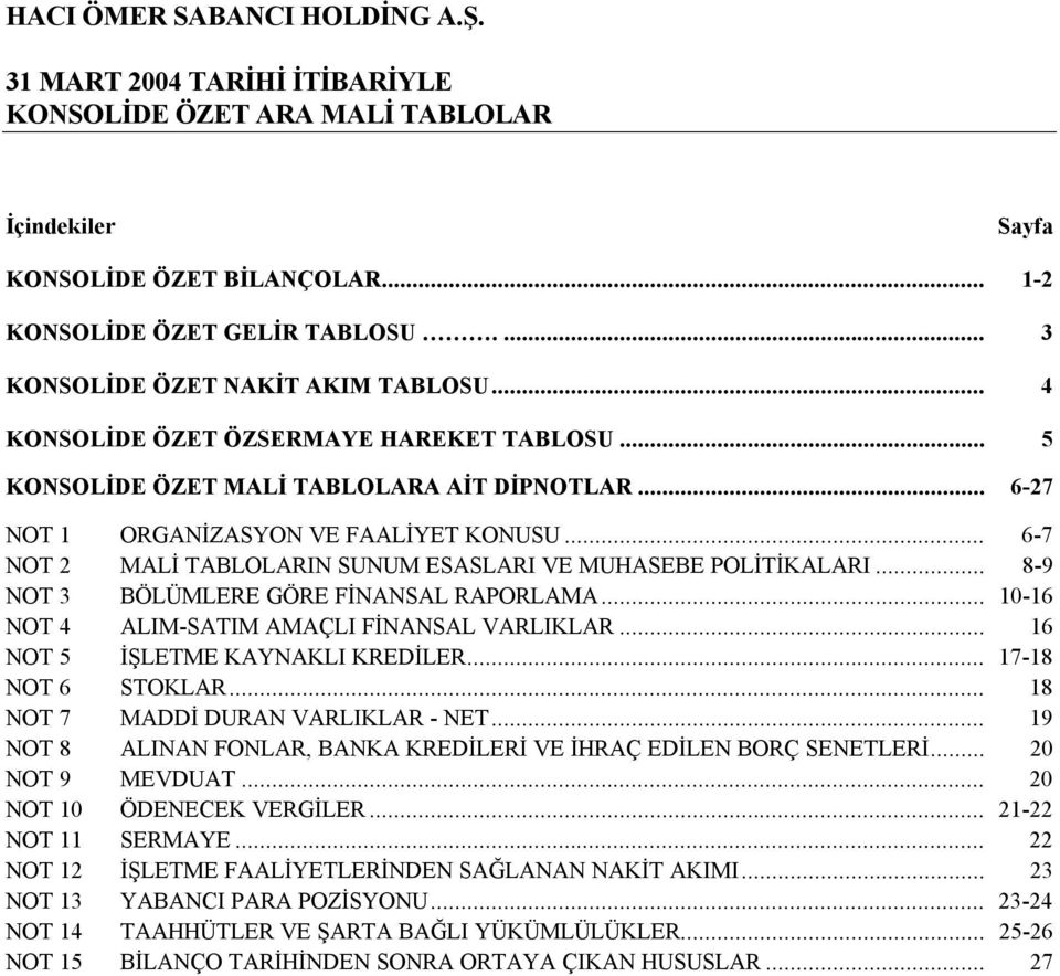 .. 6-7 NOT 2 MALİ TABLOLARIN SUNUM ESASLARI VE MUHASEBE POLİTİKALARI... 8-9 NOT 3 BÖLÜMLERE GÖRE FİNANSAL RAPORLAMA... 10-16 NOT 4 ALIM-SATIM AMAÇLI FİNANSAL VARLIKLAR.