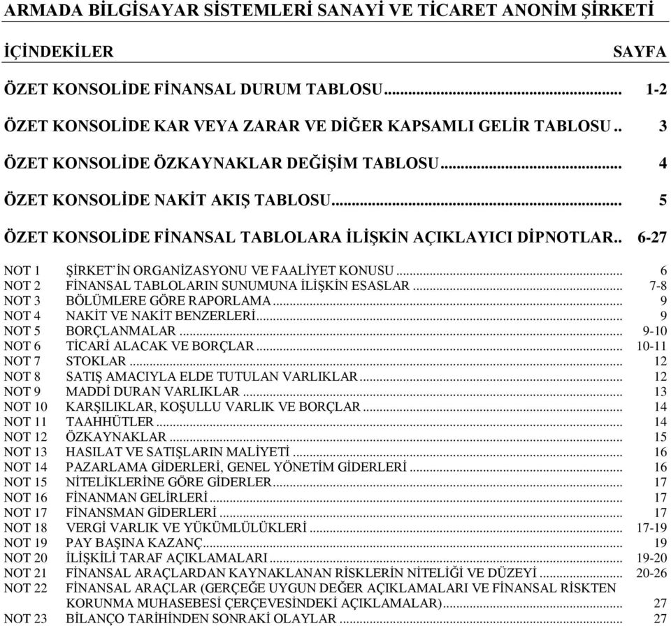 .. 6 NOT 2 FİNANSAL TABLOLARIN SUNUMUNA İLİŞKİN ESASLAR... 7-8 NOT 3 BÖLÜMLERE GÖRE RAPORLAMA... 9 NOT 4 NAKİT VE NAKİT BENZERLERİ... 9 NOT 5 BORÇLANMALAR... 9-10 NOT 6 TİCARİ ALACAK VE BORÇLAR.