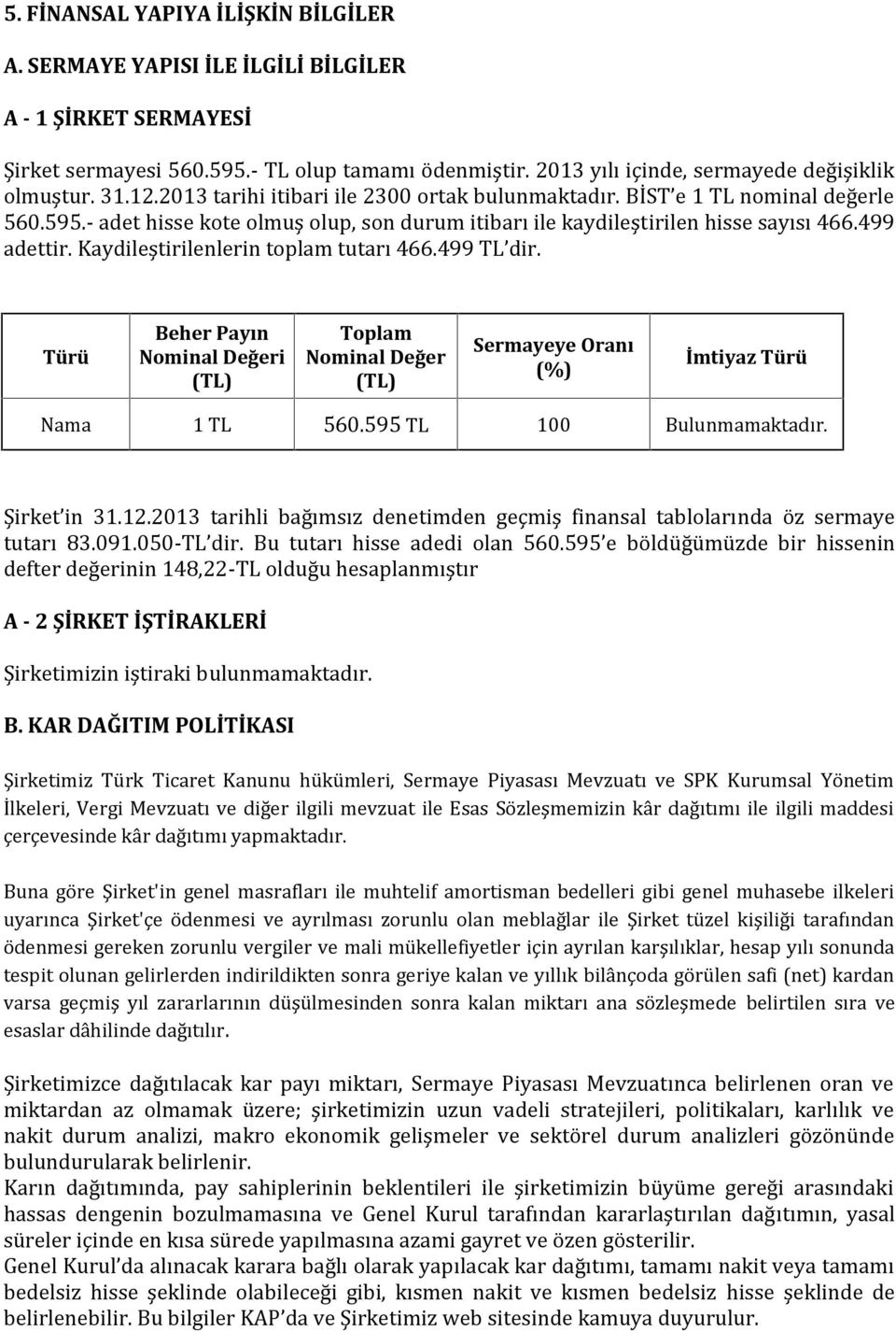 Kaydileştirilenlerin toplam tutarı 466.499 TL dir. Türü Beher Payın Nominal Değeri (TL) Toplam Nominal Değer (TL) Sermayeye Oranı (%) İmtiyaz Türü Nama 1 TL 560.595 TL 100 Bulunmamaktadır.