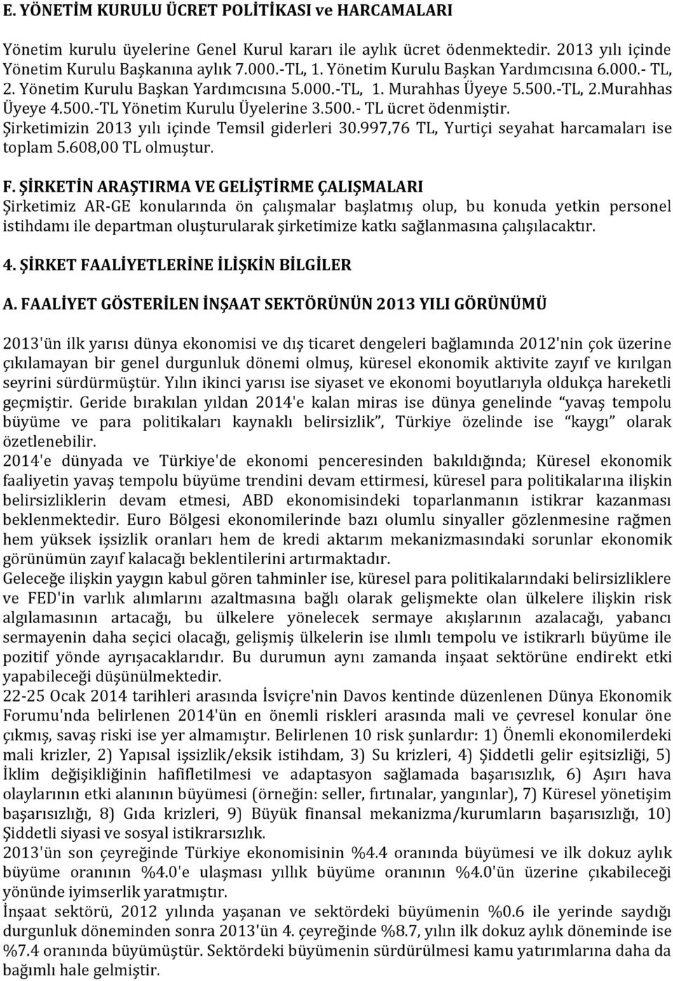 Şirketimizin 2013 yılı içinde Temsil giderleri 30.997,76 TL, Yurtiçi seyahat harcamaları ise toplam 5.608,00 TL olmuştur. F.