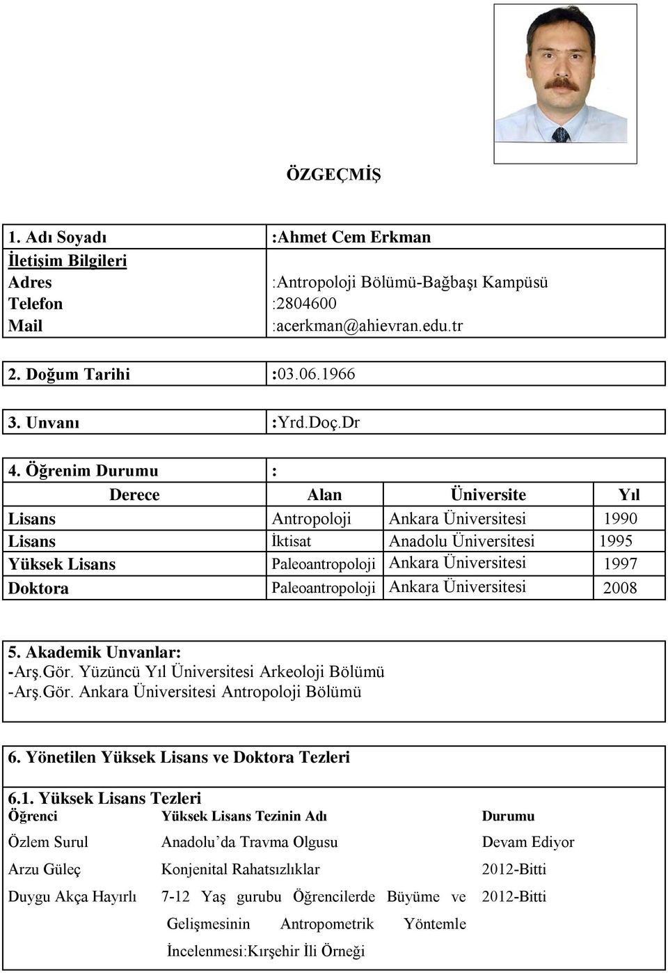 Paleoantropoloji Ankara Üniversitesi 2008 5. Akademik Unvanlar: Arş.Gör. Yüzüncü Yıl Üniversitesi Arkeoloji Bölümü Arş.Gör. Ankara Üniversitesi Antropoloji Bölümü 6.