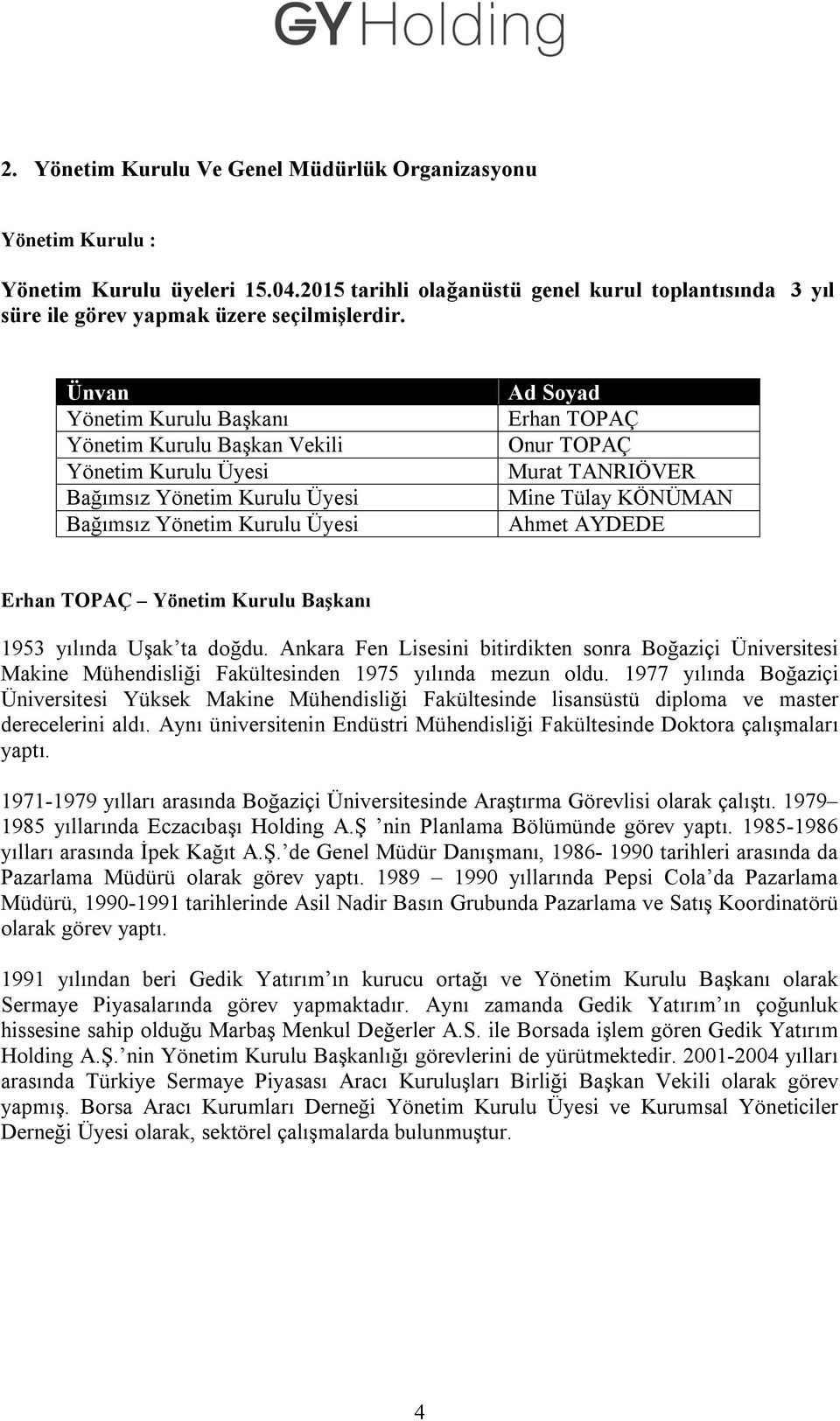 KÖNÜMAN Ahmet AYDEDE Erhan TOPAÇ Yönetim Kurulu Başkanı 1953 yılında Uşak ta doğdu.