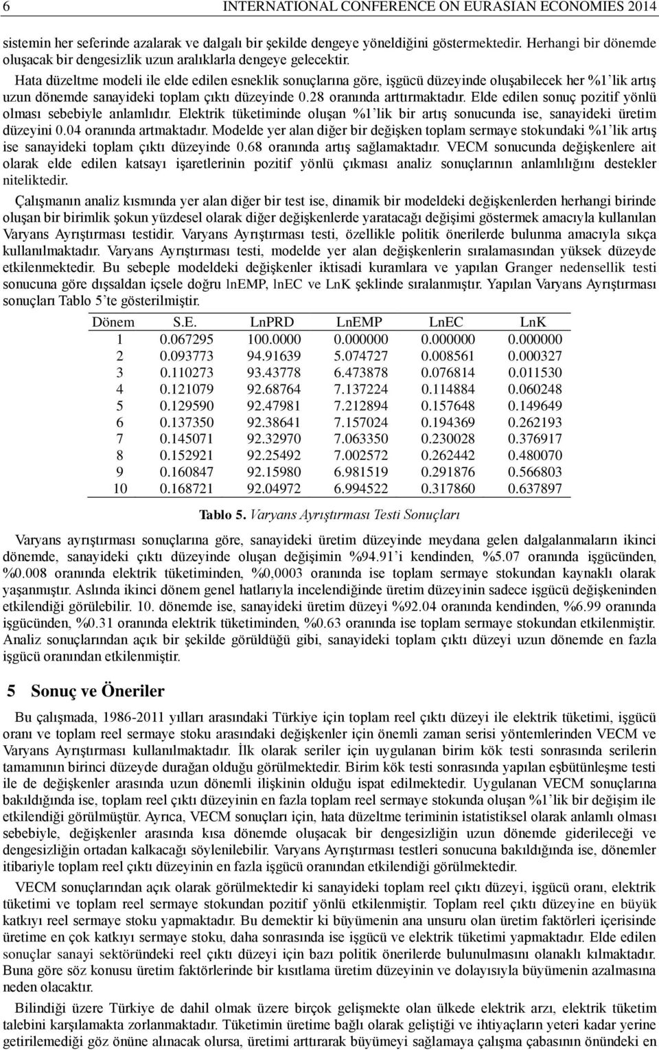 Hata düzeltme modeli ile elde edilen esneklik sonuçlarına göre, işgücü düzeyinde oluşabilecek her %1 lik artış uzun dönemde sanayideki toplam çıktı düzeyinde 0.28 oranında arttırmaktadır.