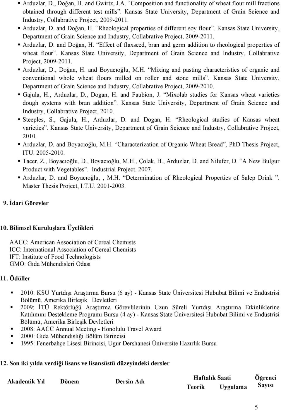 Kansas State University, Department of Grain Science and Industry, Collabrative Project, 2009-2011. Arduzlar, D. and Doğan, H.