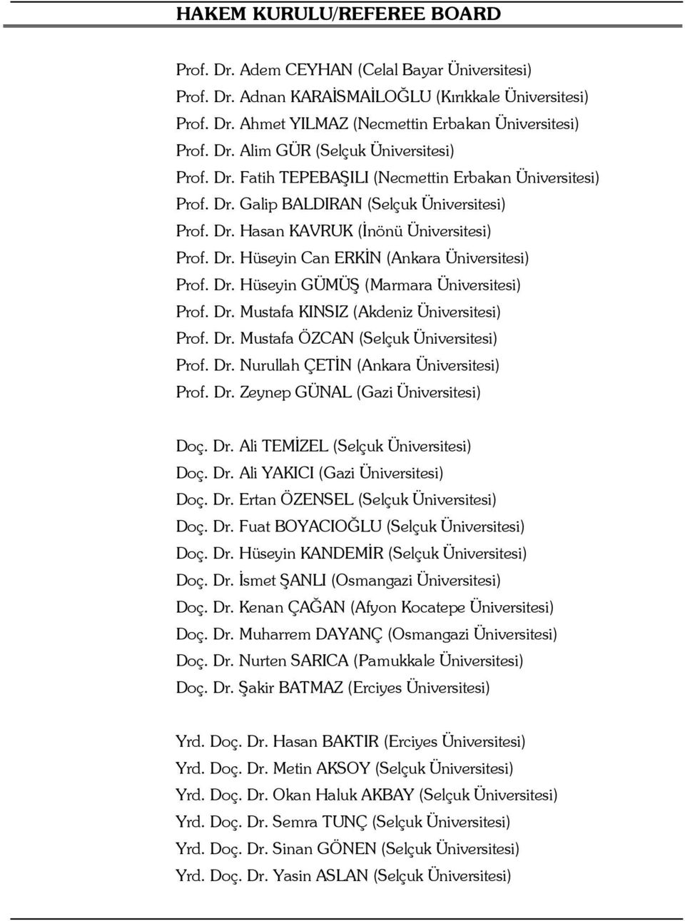 Dr. Hüseyin GÜMÜŞ (Marmara Üniversitesi) Prof. Dr. Mustafa KINSIZ (Akdeniz Üniversitesi) Prof. Dr. Mustafa ÖZCAN (Selçuk Üniversitesi) Prof. Dr. Nurullah ÇETİN (Ankara Üniversitesi) Prof. Dr. Zeynep GÜNAL (Gazi Üniversitesi) Doç.