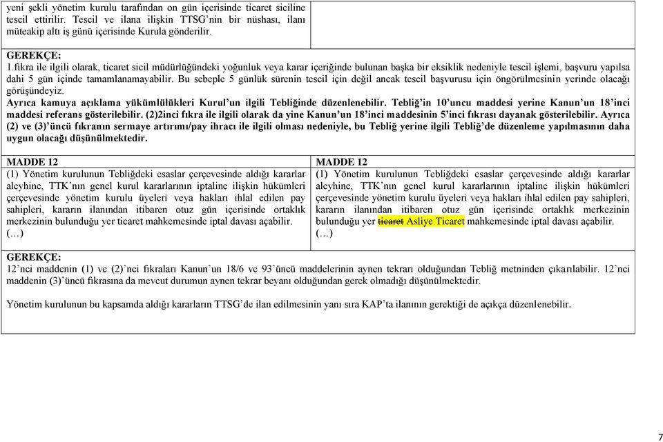 Bu sebeple 5 günlük sürenin tescil için değil ancak tescil başvurusu için öngörülmesinin yerinde olacağı görüşündeyiz. Ayrıca kamuya açıklama yükümlülükleri Kurul un ilgili Tebliğinde düzenlenebilir.