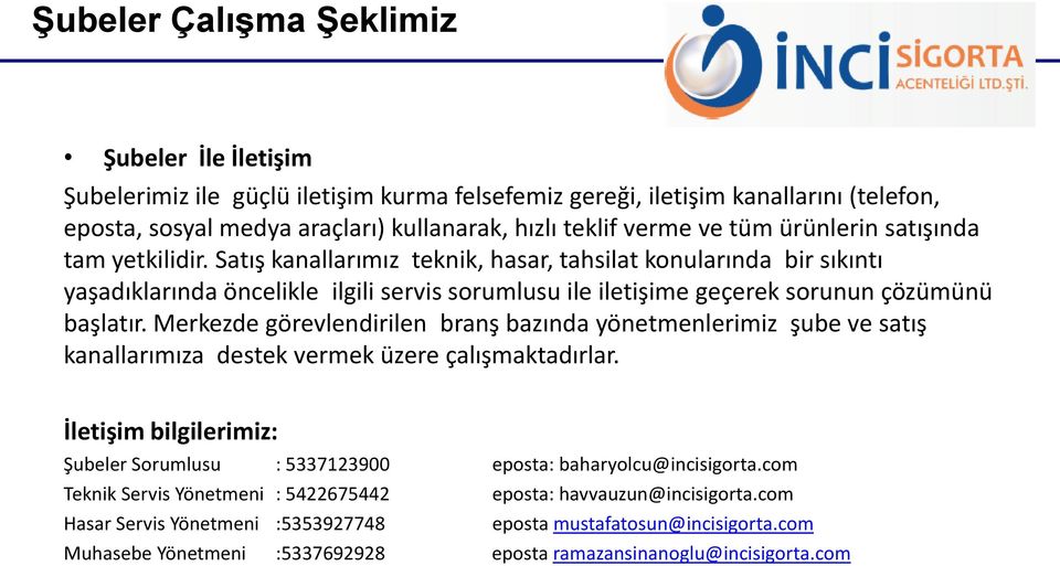 Satış kanallarımız teknik, hasar, tahsilat konularında bir sıkıntı yaşadıklarında öncelikle ilgili servis sorumlusu ile iletişime geçerek sorunun çözümünü başlatır.