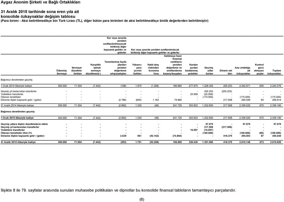 gelirler ve giderler Satılmaya hazır finansal varlıkların Yabancı Nakit akış yeniden para riskinden değerleme ve çevrim korunma sınıflandırma farkları fonu kazanç/kayıpları Kardan ayrılan kısıtlanmış