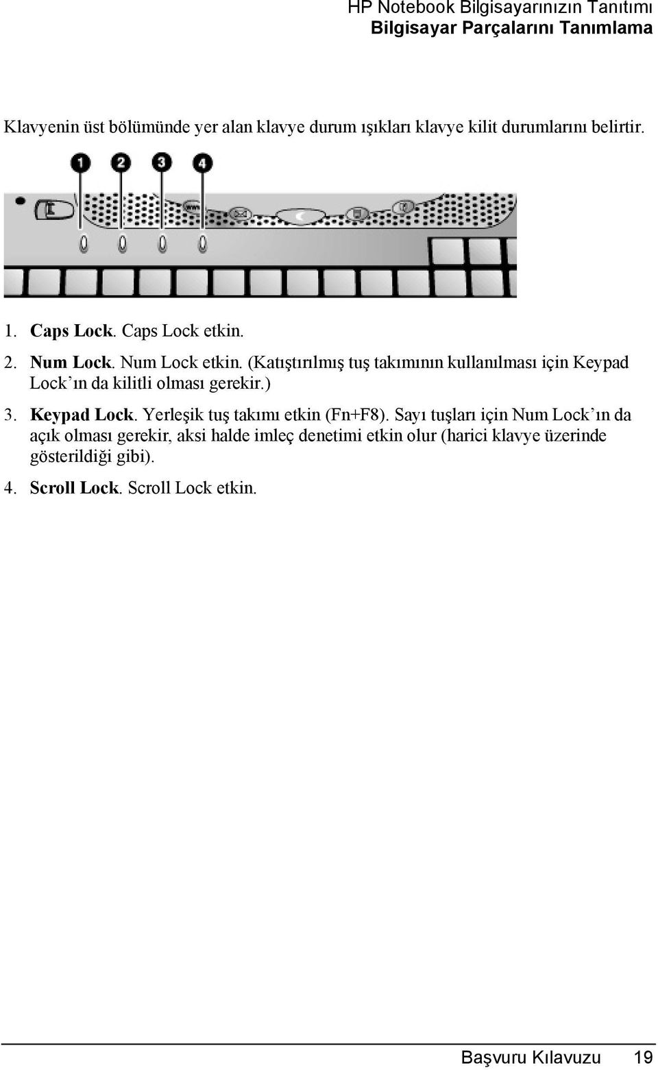 (Katõştõrõlmõş tuş takõmõnõn kullanõlmasõ için Keypad Lock õn da kilitli olmasõ gerekir.) 3. Keypad Lock. Yerleşik tuş takõmõ etkin (Fn+F8).