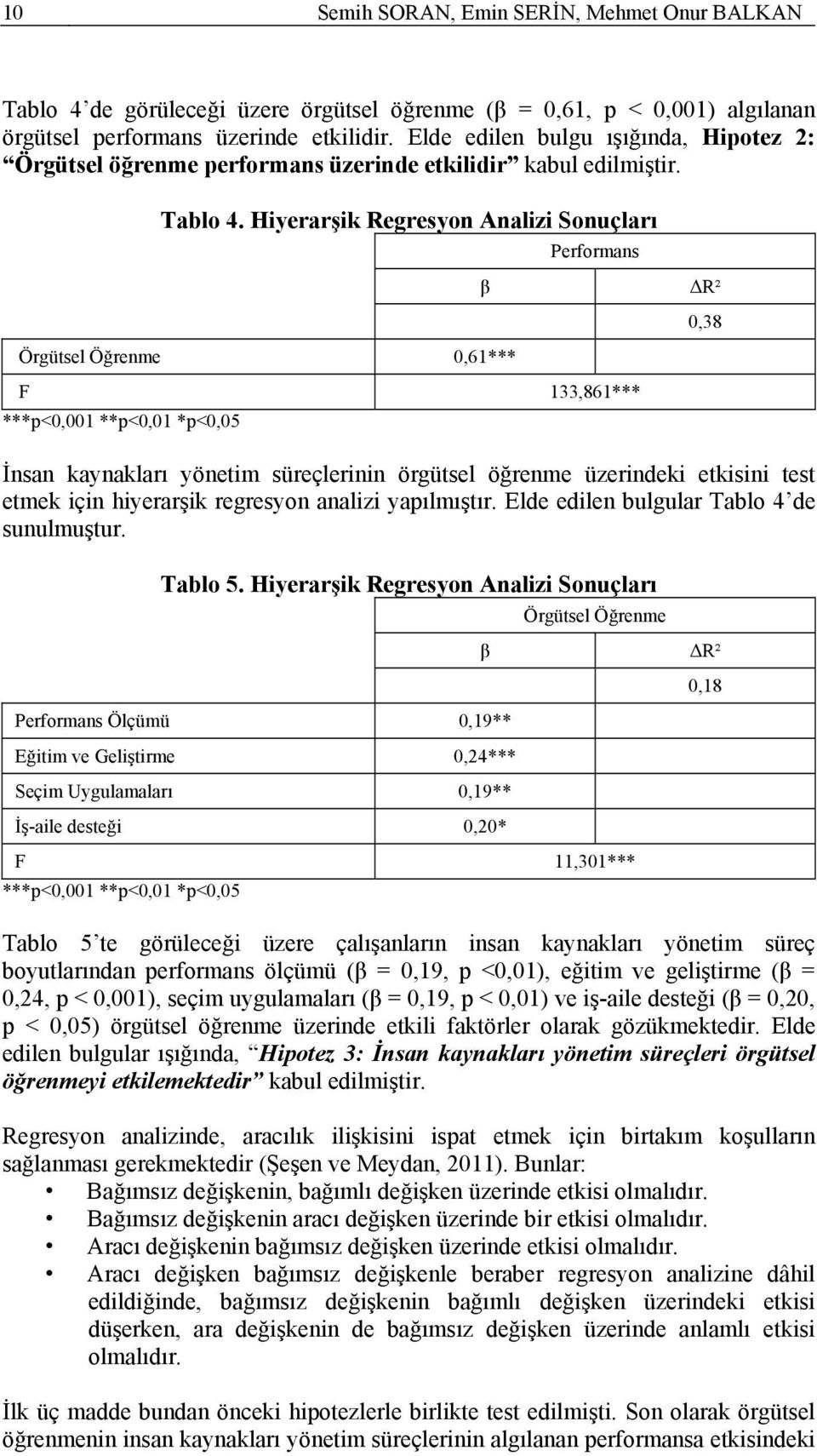 Hiyerarşik Regresyon Analizi Sonuçları Performans β Örgütsel Öğrenme 0,61*** F 133,861*** ***p<0,001 **p<0,01 *p<0,05 ΔR² 0,38 İnsan kaynakları yönetim süreçlerinin örgütsel öğrenme üzerindeki