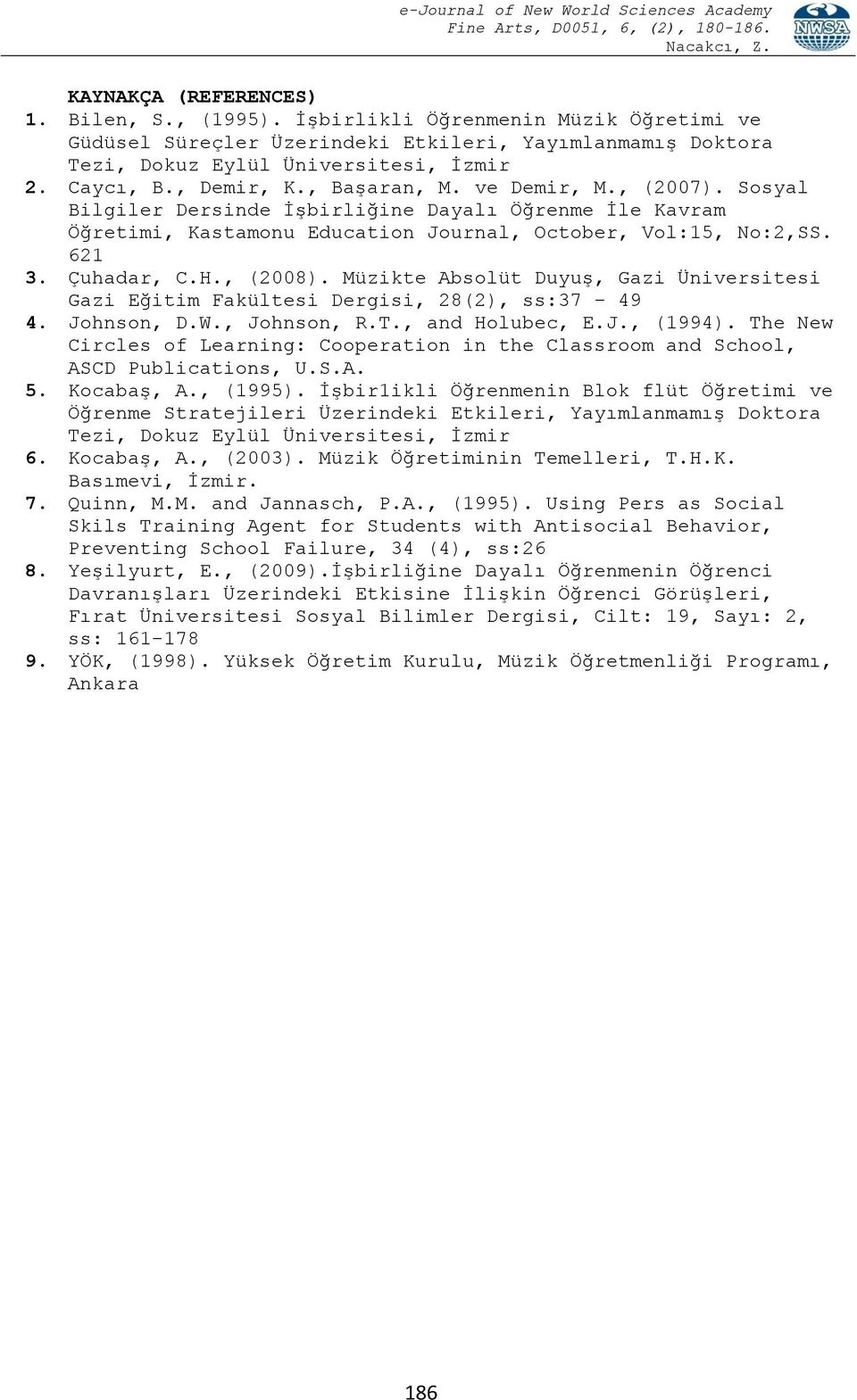 , (2008). Müzikte Absolüt Duyuş, Gazi Üniversitesi Gazi Eğitim Fakültesi Dergisi, 28(2), ss:37 49 4. Johnson, D.W., Johnson, R.T., and Holubec, E.J., (1994).