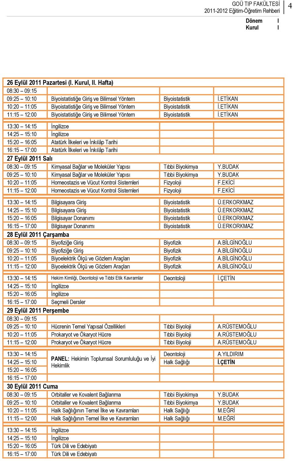 BUDAK Kimyasal Bağlar ve Moleküler Yapısı Tıbbi Biyokimya Y.BUDAK 10:20 11:05 Homeostazis ve Vücut Kontrol Sistemleri Fizyoloji F.EKĠCĠ 11:15 12:00 Homeostazis ve Vücut Kontrol Sistemleri Fizyoloji F.