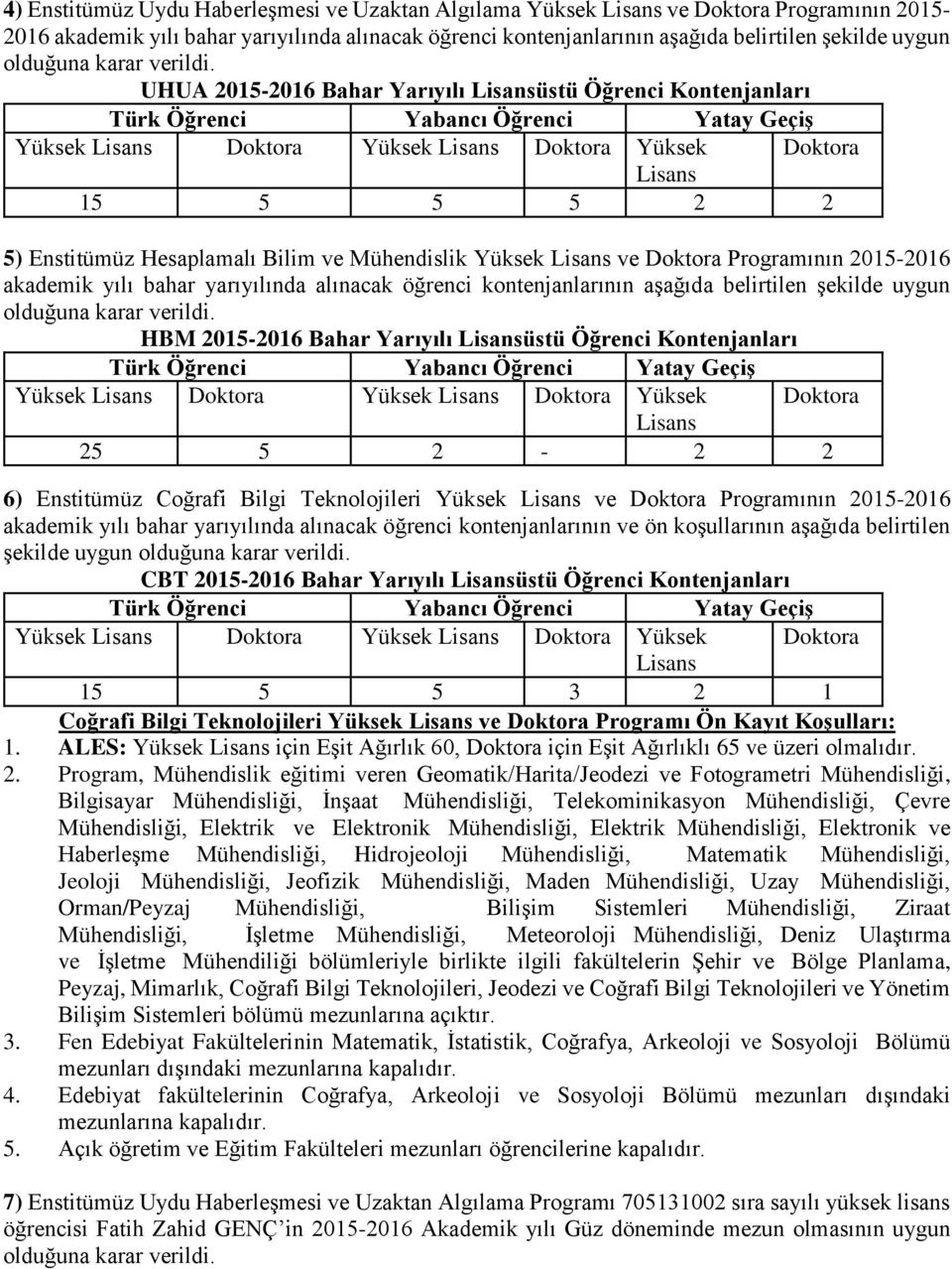 UHUA 2015-2016 Bahar Yarıyılı Lisansüstü Öğrenci Kontenjanları Türk Öğrenci Yabancı Öğrenci Yatay Geçiş Yüksek Lisans Doktora Yüksek Lisans Doktora Yüksek Doktora Lisans 15 5 5 5 2 2 5) Enstitümüz