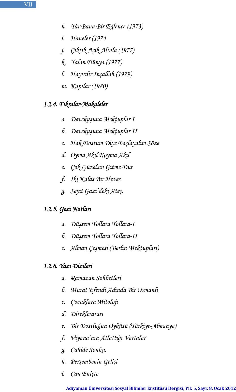 Seyit Gazi deki Ateş. 1.2.5. Gezi Notları a. Düşsem Yollara Yollara-I b. Düşsem Yollara Yollara-II c. Alman Çeşmesi (Berlin Mektupları) 1.2.6. Yazı Dizileri a.