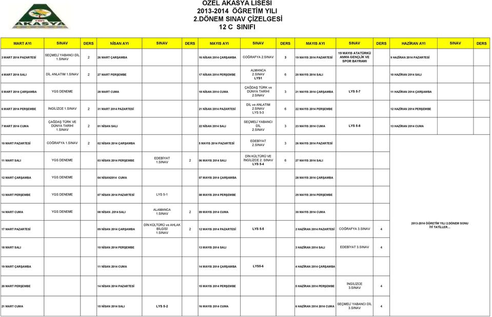 İ 3 21 MAYIS 201 ÇARŞAMBA LYS 5-7 11 HAZİRAN 201 ÇARŞAMBA DİL ve ANLATIM 6 MART 201 PERŞEMBE 2 31 MART 201 PAZARTESİ 21 NİSAN 201 PAZARTESİ 6 22 MAYIS 201 PERŞEMBE 12 HAZİRAN 201 PERŞEMBE LYS 5-3