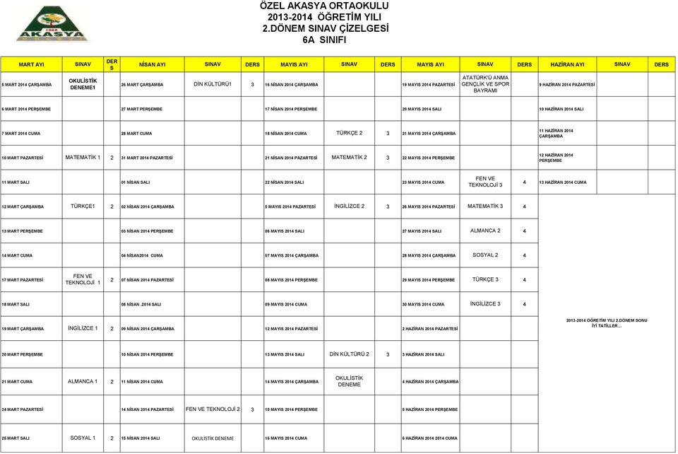 MAYIS 201 SALI 10 HAZİRAN 201 SALI 7 MART 201 CUMA 28 MART CUMA 18 NİSAN 201 CUMA TÜRKÇE 2 3 21 MAYIS 201 ÇARŞAMBA 11 HAZİRAN 201 ÇARŞAMBA 10 MART PAZARTESİ 1 2 31 MART 201 PAZARTESİ 21 NİSAN 201