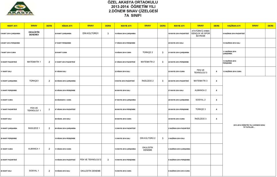 ÇARŞAMBA 11 HAZİRAN 201 ÇARŞAMBA 10 MART PAZARTESİ 1 2 31 MART 201 PAZARTESİ 21 NİSAN 201 PAZARTESİ 2 3 22 MAYIS 201 PERŞEMBE 12 HAZİRAN 201 PERŞEMBE FEN VE 11 MART SALI 01 NİSAN SALI 22 NİSAN 201