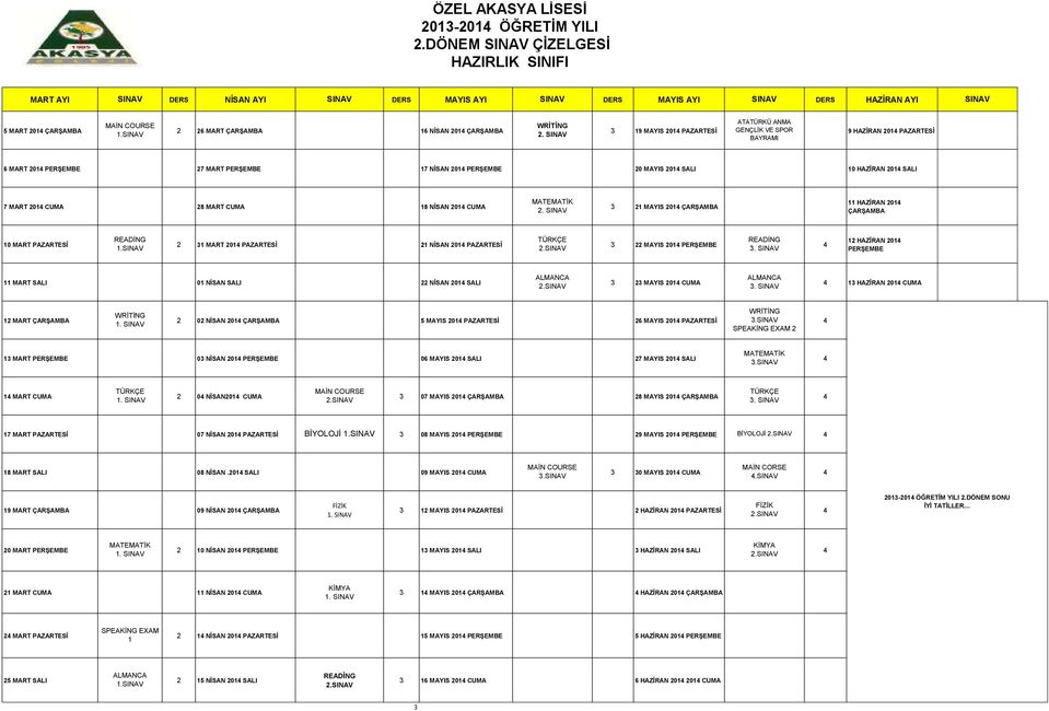 SINAV 6 MART 201 PERŞEMBE 27 MART PERŞEMBE 17 NİSAN 201 PERŞEMBE 20 MAYIS 201 SALI 10 HAZİRAN 201 SALI 7 MART 201 CUMA 28 MART CUMA 18 NİSAN 201 CUMA 2.